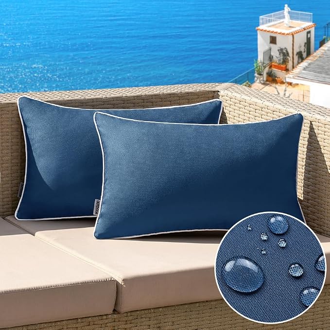 MIULEE Outdoor Waterproof Pillow Covers 12x20 Navy Blue Pack of 2 | Decorative Farmhouse Throw Pillow Covers with Piping,Square Solid Color,Patio Furniture,Summer Couch Tent Sofa Living Room