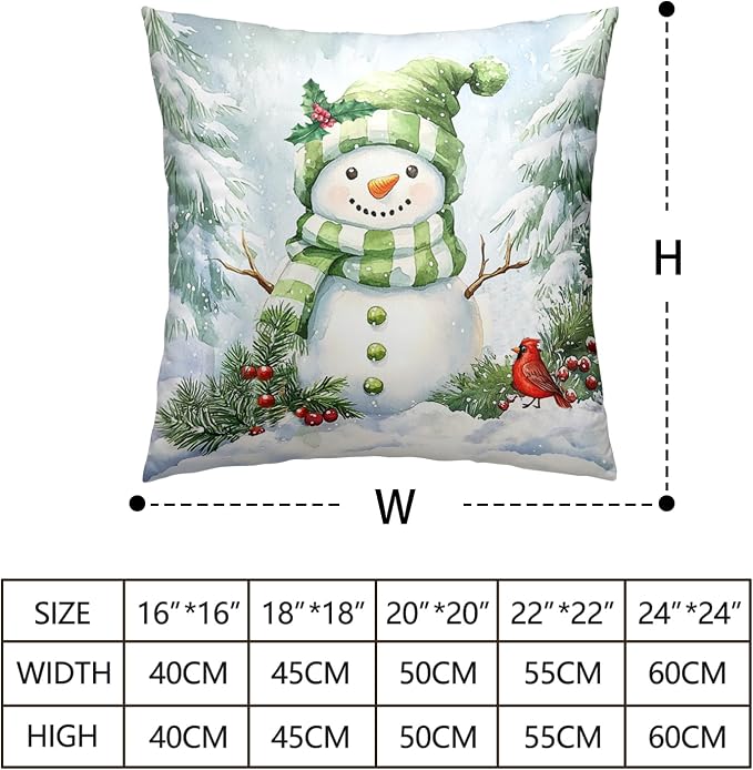 Set of 2 Winter Pillow Covers 20x20 Green Snowman Pine Tree Holly Berry Cardinal Bird Throw Pillow Covers Holiday Pillow Case for Home Decor Couch Sofa