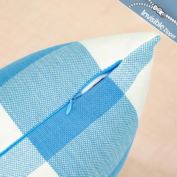 CARRIE HOME Light Blue and White Buffalo Plaid Summer Outdoor Pillow Covers 18x18 Set of 2, Light Blue Checkered Decorative Couch Pillows, Lake Blue Front Back Porch Decor Throw Pillows (No Inserts)