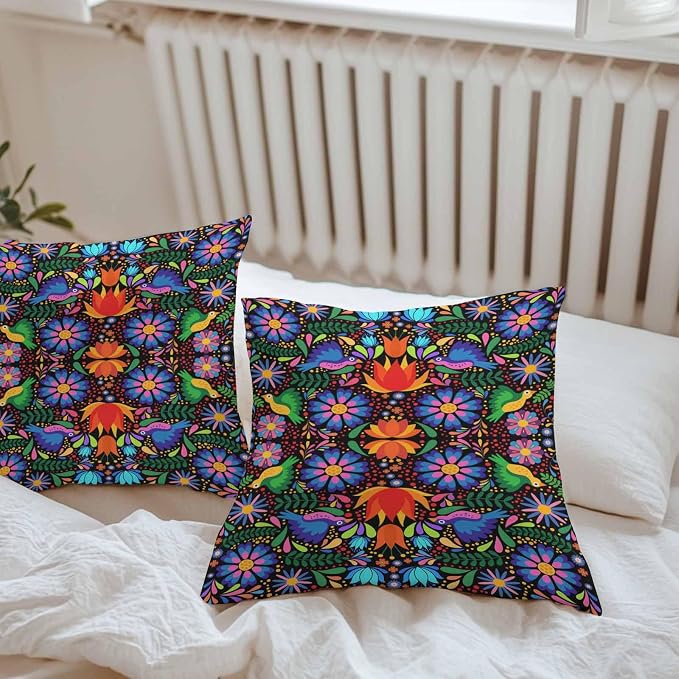 Outdoor Waterproof Throw Pillow Covers Set of 2 Colorful Mexican Floral Pillowcases 20x20 Inches Bird Rustic Assorted Flower Decorative Pillows Cushion Case Patio Pillows for Couch Bed Chair Garden