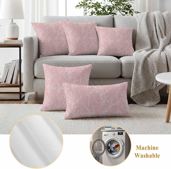 Pink Branches Waterproof Outdoor Pillow Covers Set of 2 Home Decor, Abstract Art Leaves Plant Pillowcase Patio Pillow Covers for Couch Bench Patio Furniture Garden 26x26in