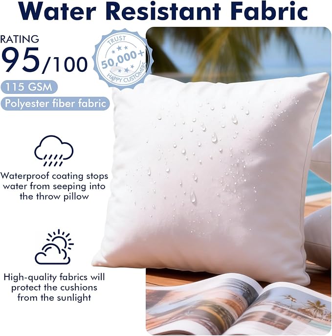 4 Pack 16x16 Outdoor Pillows, Water Resistant Throw Pillow Inserts | Square Waterproof Pillows, Decorative Pillow for Patio & Couch, Fluffy & Supportive, Convenient Zipper Design