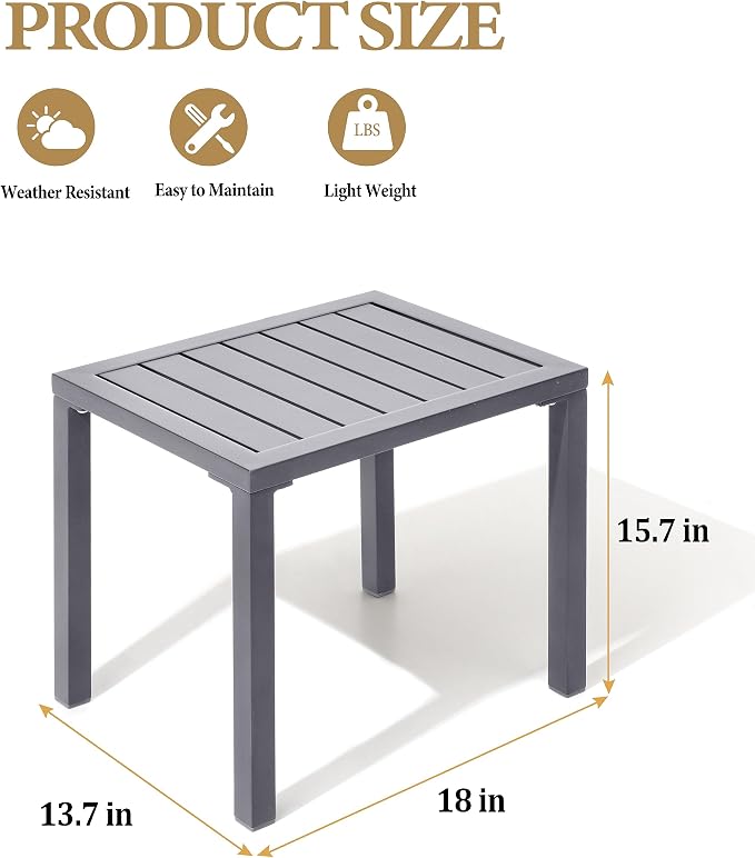 Crestlive Products Aluminum Outdoor Side Table,Rectangular End Table,Easy Assembly Small Coffee Bistro Table for Patio Pool Balcony(Light Gray)