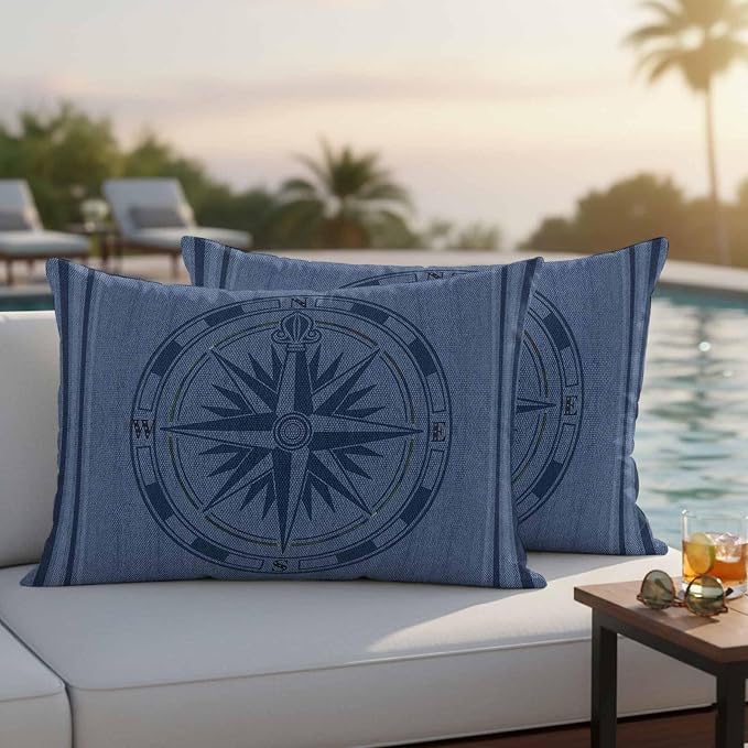 Compass Navigation Outdoor Waterproof Throw Pillow Covers Set of 2, 20"x12", Guide Letter Printing Decorative Pillow Covers Outside Cushion Case for Patio Porch Garden