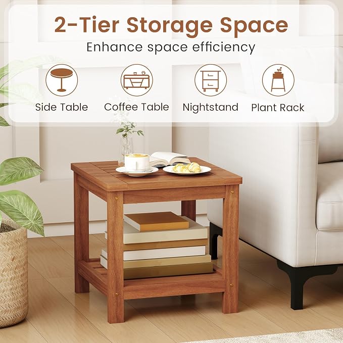 HAPPYGRILL 2-Tier Outdoor Wood Side Table with Storage Shelf, Patio Wooden End Table, Farmhouse Accent Nightstand, for Garden Yard Porch Deck Living Room (1)