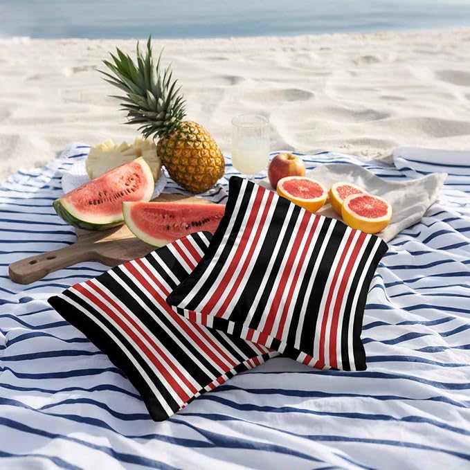 Red Black Stripe Outdoor Pillow Covers 18x18 Inch Throw Pillow Covers Set of 2 Waterproof Decorative Pillow Cases Farmhouse Minimalist Striped Cushion Covers for Patio Furniture Garden Couch Sofa