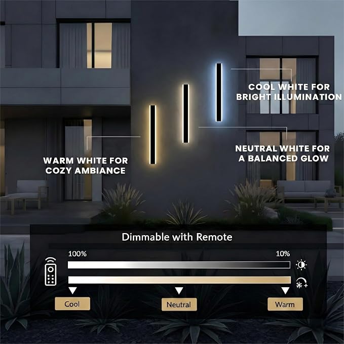 Modern Linear Outdoor Wall Lights, 24" LED Exterior Wall Sconce for Porch & Garage, IP65 Waterproof Architectural Facade Lighting, 3CCT Dimmable Matte Black Fixture for Front Door Entryway