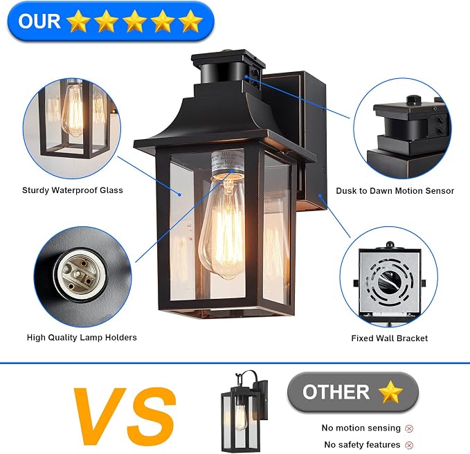 Porch Lights with GFCI Outlet,Dusk to Dawn Motion Sensor Outdoor Lights | 3 Light Modes Black Front Door Lights,Waterproof Outside Wall sconces for House,Patio,Garage, Bulb not Included(2 Pack)