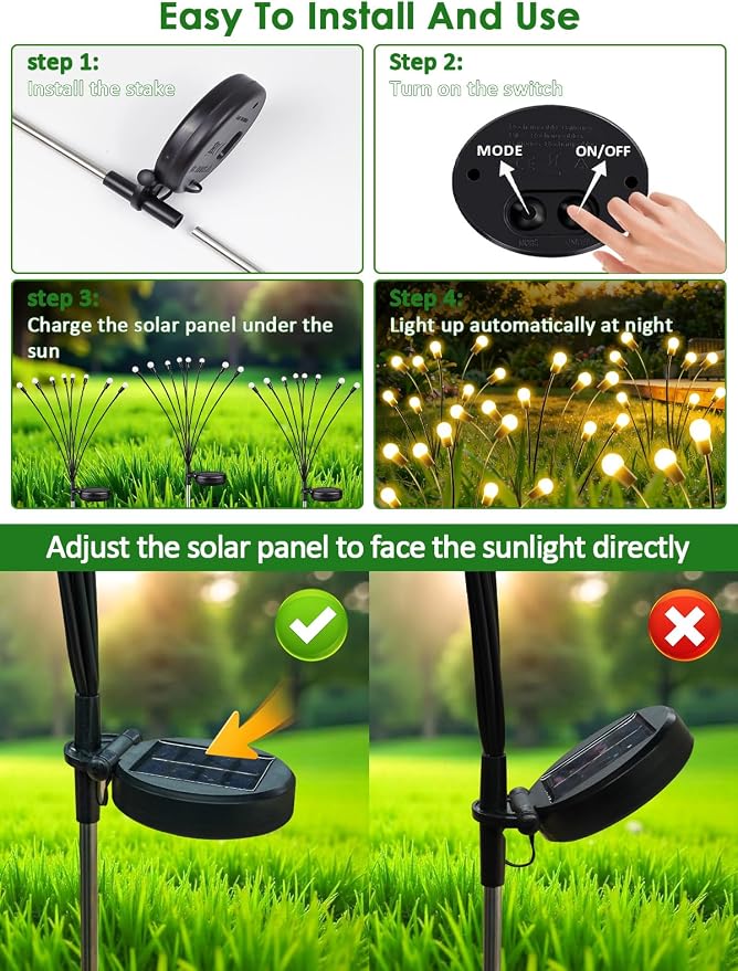 4 Pack Solar Garden Lights, 32 LED Firefly Lights Solar Outdoor Waterproof | 2 Lighting Modes, Sway with Wind, Solar lights Outdoor for Garden Yard Patio Pathway Holiday Decorations, Warm White