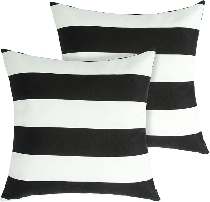 Throw Pillow Covers Set of 2, Outdoor Indoor Waterproof Patio Throw Pillowcase Shell 18x18 Inch, Square Cushion Case for Couch Sofa Garden Farmhouse-Black White Stripe
