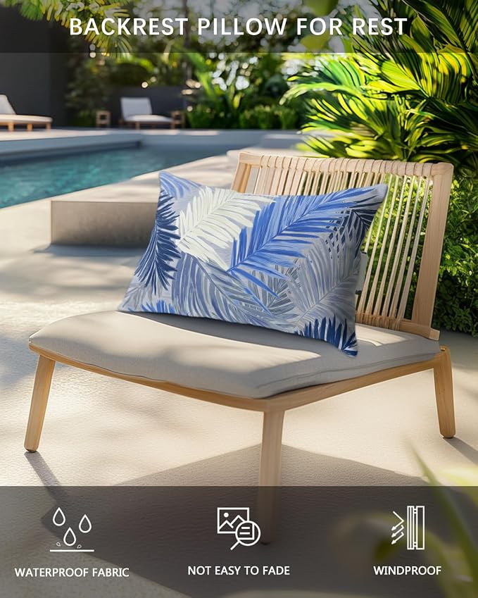Outdoor Pillows Waterproof Covers Set of 2, Navy Blue Palm Leaves Adjustable Elastic Chaise Lounge Head Resting Pillows, Tropical Leaf Plant Lumbar Pillow for Pool Beach Patio Furniture 11x16 Inch
