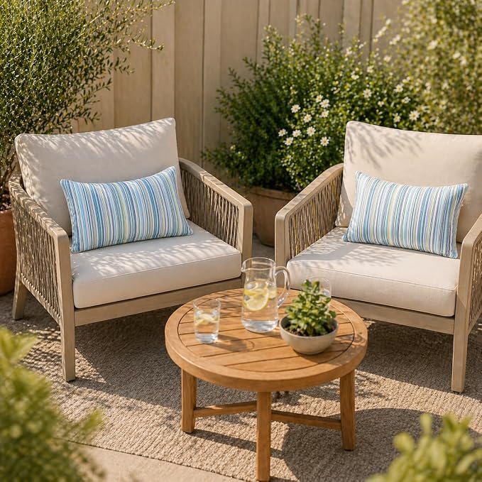 FUNHOME Outdoor Lumbar Pillows 12x20 inch,Decorative Throw Pillow Set of 2 with Insert,Water Resistant Headrests for Patio Furniture Sofa Couch Chair(Blue Stripe)