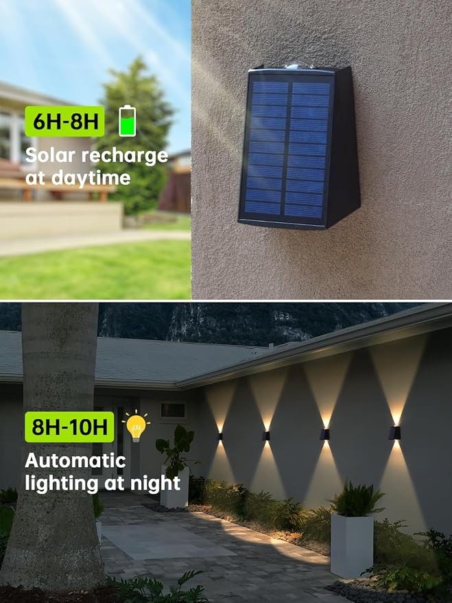 Solar Wall Lights Outdoor Waterproof Sconce for Outside, Garage, Fence | Dusk to Dawn Solar Powered Up and Down Lighting 3000K Warm White 8 Pack LED Modern Outdoor Waterproof