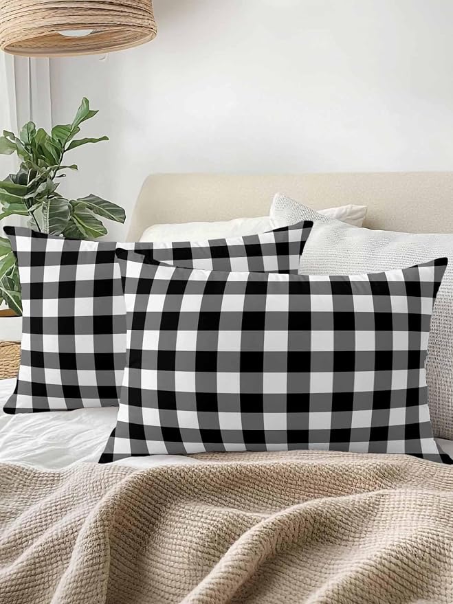 Waterproof Outdoor Pillow Set of 2 Black Buffalo Plaid Decorative Throw Pillows Cover & Insert 20x12 Inch Lumbar Pillowcase Check Lines Pillows for Couch Sofa Bed Patio Furniture Indoor Outdoor