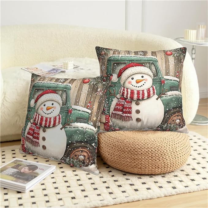 Christmas Snowman Pillow Covers 18x18 Set of 2 Green Xmas Truck Throw Pillow Covers Wooden Pattern Background Pillowcase Winter Holiday Cushion Case for Living Room Sofa Couch