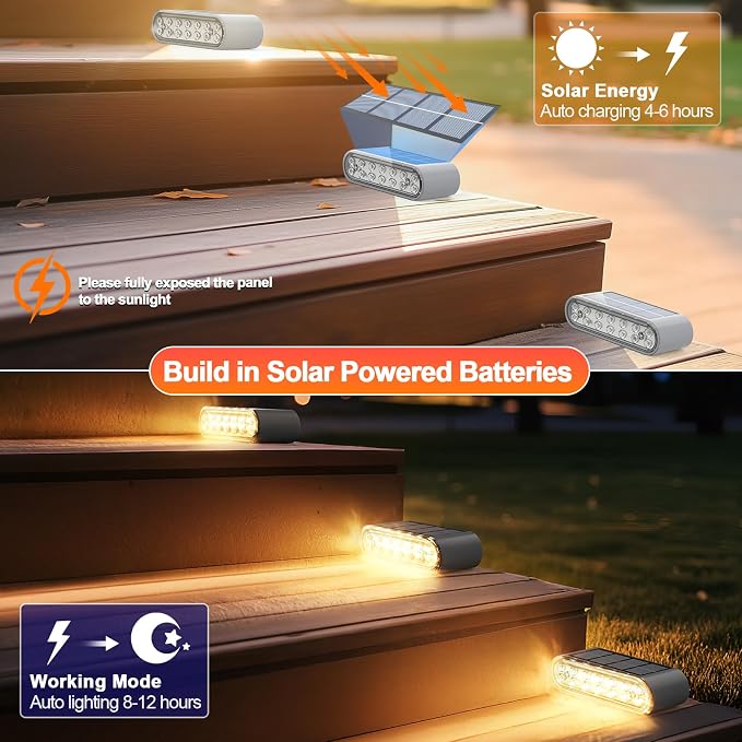 Solar Step Lights Outdoor Waterproof, 8 Pack Solar Stair Lights Outdoor IP67, 14 LED Warm 3000K Outdoor Step Lights, Solar Powered Lighting for Steps, Stairs, Deck, Dock, Patio, Walkway, Porch Step