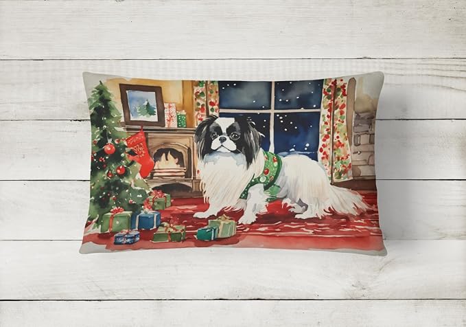 Caroline's Treasures DAC2683PW1216 Japanese Chin Cozy Christmas Throw Pillow Machine Washable, Indoor Outdoor Decorative Pillow for Couch, Bed or Patio, 12HX16W