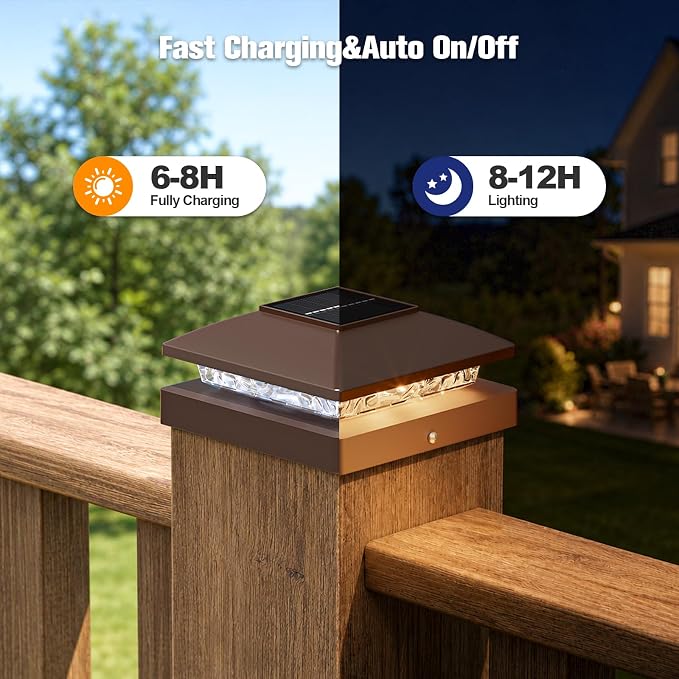 APONUO Solar Post Cap Lights for 4x4 Posts - IP64 Waterproof, Warm/Cool White, Wireless Fence Lights & Deck Lights for Patios, Gardens, and Yards, Brown,8 Pack