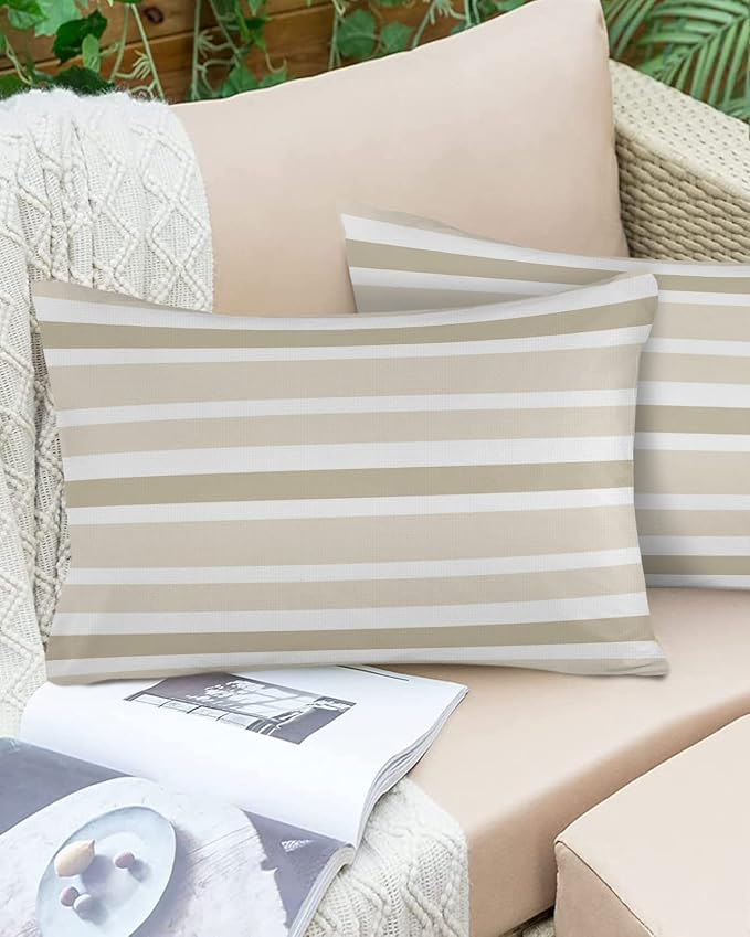 Outdoor Waterproof Lumbar Throw Pillow Covers Set of 2 Khaki Beige Stripes Decorative Outdoor Pillows Cushion Case 20x12 Inch Classic Striped Patio Pillows for Couch Sofa Bed Garden Home Decor
