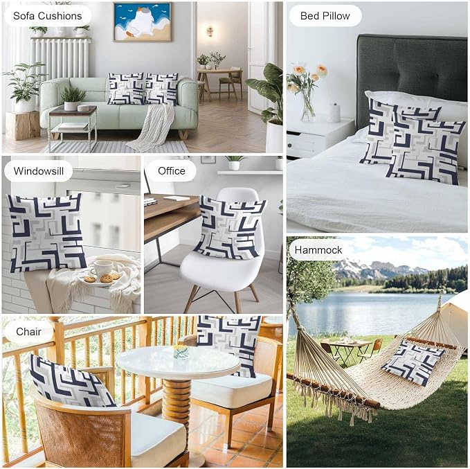 Vandarllin Outdoor Throw Pillows Covers 18x18 inch Set of 2 Waterproof Navy Blue Geometric Stripes Decorative Zippered Cushion Covers for Patio Furniture, Modern Abstract Lines Lumbar Pillowcases