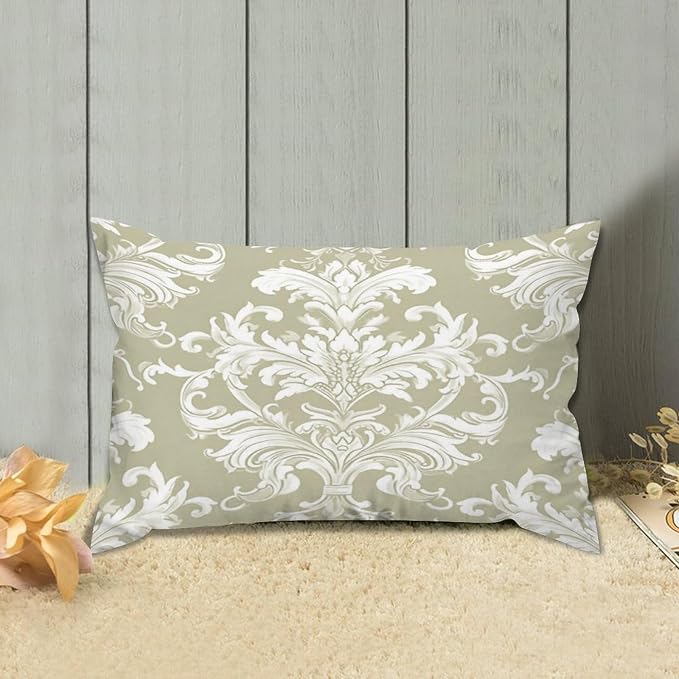 Set of 2 Tan Off Green White Damask Pattern Print Pillow Cases 12x18in Cushion Covers Farmhouse Pillows Covers for Couch Living Room Office Soft Rectangle Accent Pillowcase for Kids