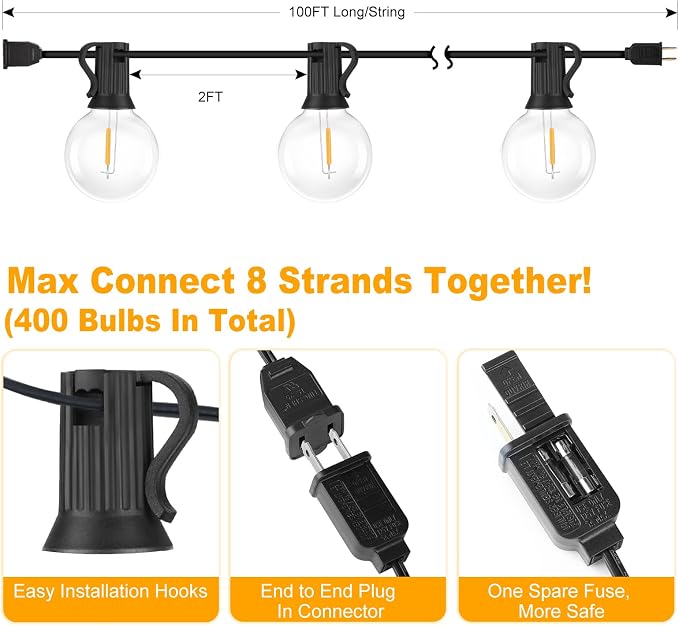 200ft(100*2) Outdoor G40 LED Globe String Lights Dimmable Waterproof Shatterproof Light Strings with 103 Bulbs Connectable Commercial Hanging Lights for Christmas Patio House Backyard Balcony Party | Light Strings with 103 Shatterproof Bulbs, Connectab...