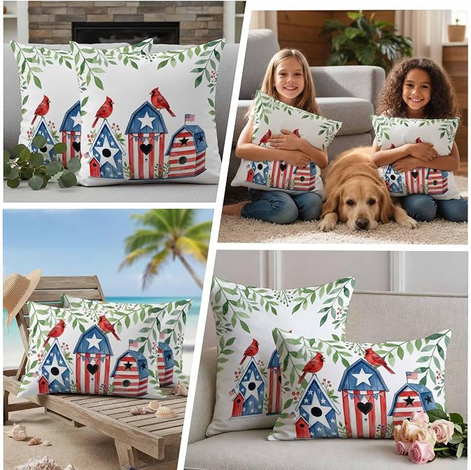 American Flag Bird House Outdoor Pillow Covers Waterproof, All Weather Cushion Case Set of 2, Green Eucalyptus Leaves 250th Lumbar Pillowcase for Sofa Couch Bed Decor Patio Furniture 20"x12"
