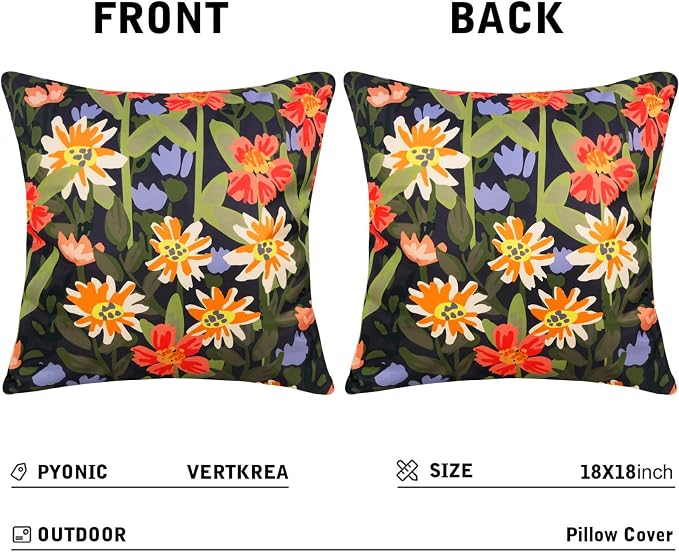 Pyonic Outdoor Pillows Waterproof Cover Pack of 2 Floral Waterproof Throw Pillows 18x18 inch for Patio Furniture Garden Furniture,Balck