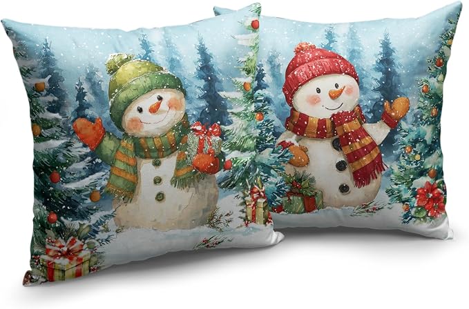 Lovely Green and Red Snowman Pillow Covers Christmas Throw Pillow Covers 22x22 Set of 2 Winter Xmas Tree Pine Forest Pillowcase Holiday Cushion Case for Couch Sofa