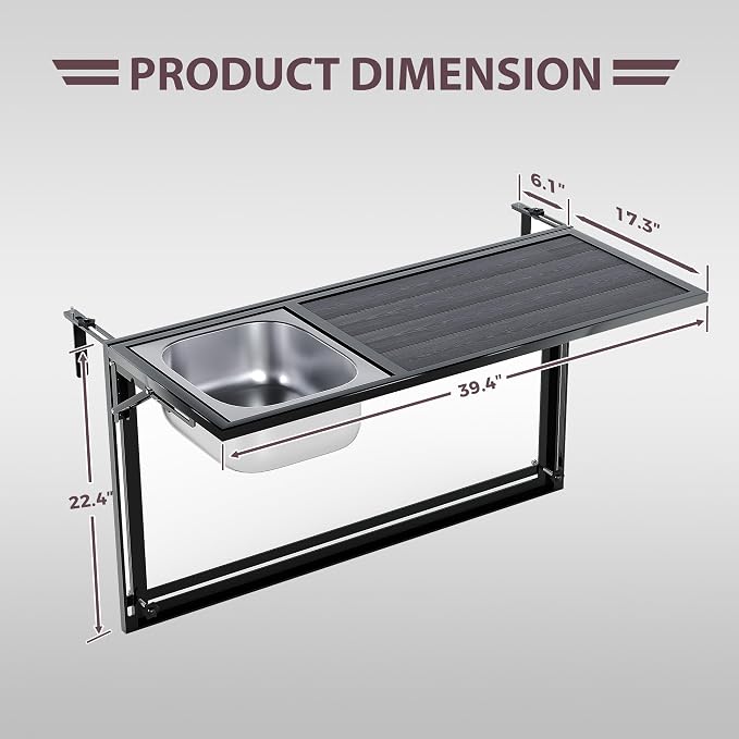 Foldable Balcony Table Outdoor Patio Bar Table with Staice Bucket, Adjustable Above Ground Pool Side Bar Table Fit for Oval Frame, Hanging Balcony Railing Table, 40” x 7”