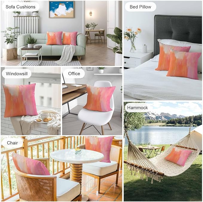 Outdoor Waterproof Pillow Covers Abstract Ombre Orange Pink Pack of 2 Lumbar Pillow Cover Oil Painting Art Decorative Cushion Pillowcases for Patio Couch Bench Garden 16 x 16 Inches