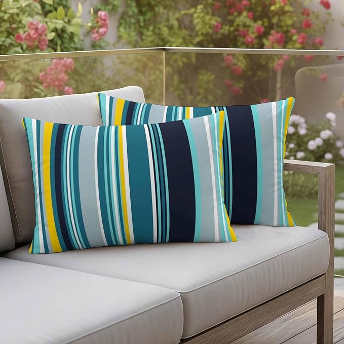 Teal Yellow Stripes Outdoor Pillow Covers Set of 2 Lines Art Waterproof Throw Pillow Cover Decorative Cushion Cases for Patio Porch Garden 20X12 Inch