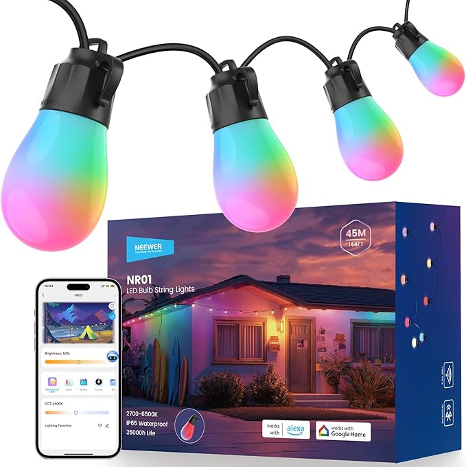 NEEWER 144ft Outdoor String Lights, App Control Smart AI RGB IC W Patio Balcony Backyard Outside Hanging Lighting, IP65 Waterproof, 45 LED Bulbs, 50+ Scenes, Compatible with Alexa Google, NR01