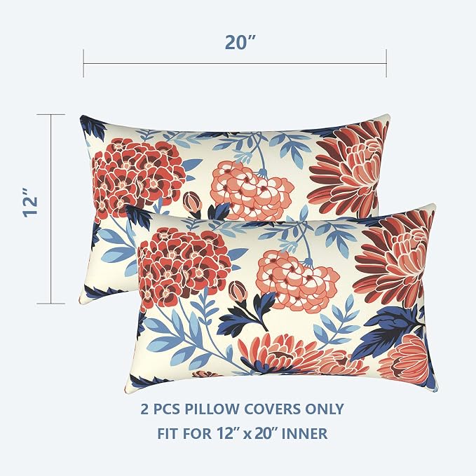 LVTXIII Set of 2 Patio Lumbar Pillow Covers ONLY, 12" x 20" Fade Resistant Outdoor Lumbar Pillow Cases, Fluffy Decorative Garden Lumbar Cushions Covers for Home Patio Coach Sofa Use, Red Chrysanthemum