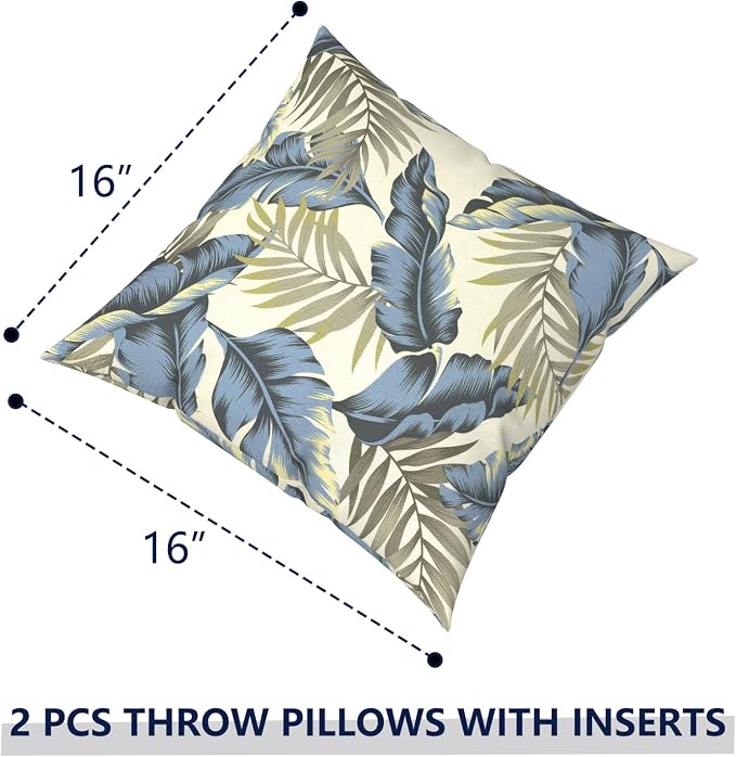 Outdoor Pillows with Insert 16x16 Inch, Waterproof Throw Pillow for Patio Furniture, Decorative Back Cushion for Garden Home Sofa Office Chair, Set of 2, Lush Palm Blue