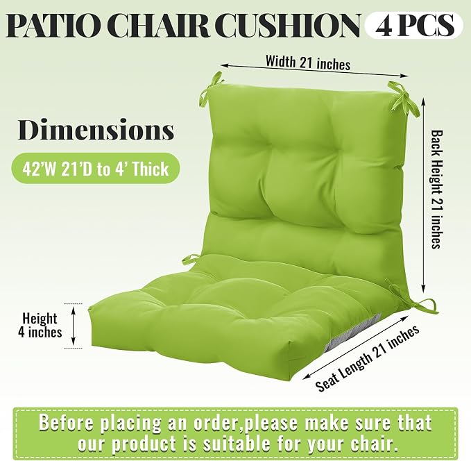 Marsui 4 Pcs Outdoor Indoor High Back Chair Cushions Patio Furniture Tufted Pillow with Ties Water-Resistant Replacement Outdoor Rocking Chair Cushions, 42 x 21 Inches (Fruit Green,Solid Color)
