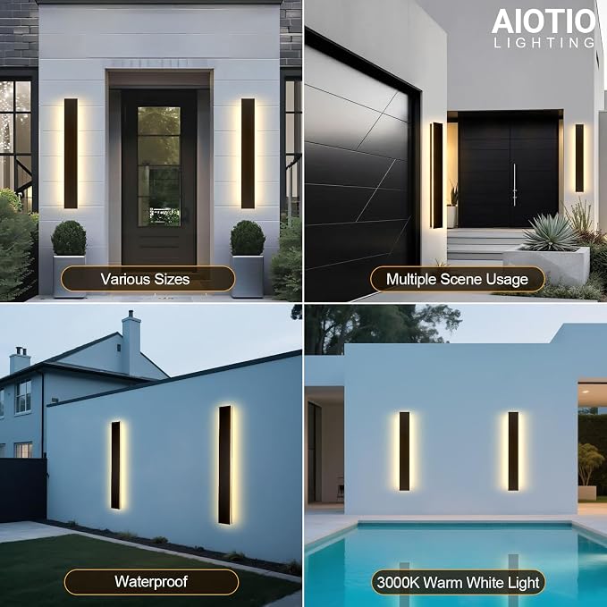 AioTio 47.2in 2pcs Modern Outdoor Wall Light for House, Black Upgraded 4.72in Wide 3000K Waterproof IP65 Porch Lights Wall Sconce,Long LED Linear Outside Exterior Lighting Fixtures for Garage,Patio