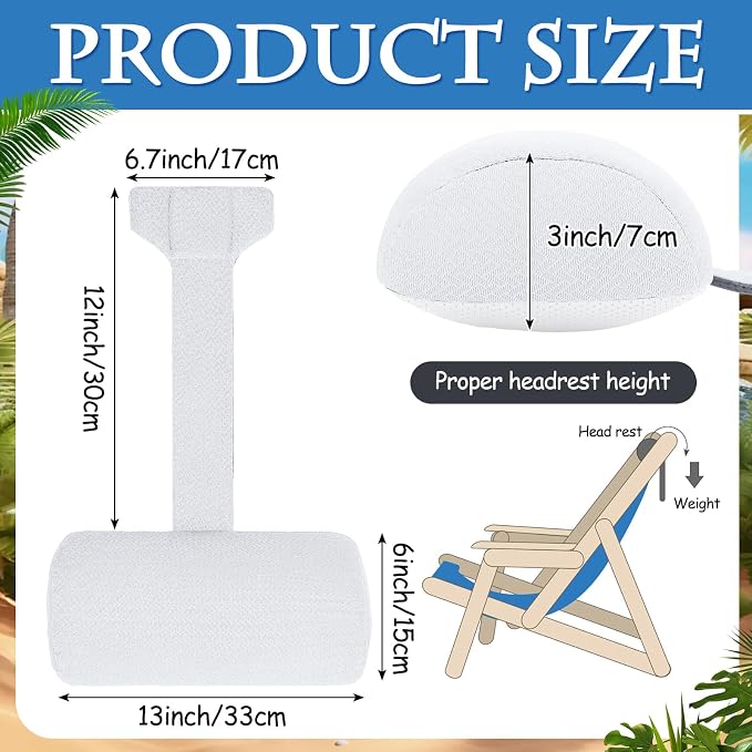 Kigley 2 Pcs Chaise Lounge Headrest Pillow for Patio Outdoor Pool Headrest Pillow Quick Drying Lounger Supplies for Adult with Non Slip Weighted Tail (White)