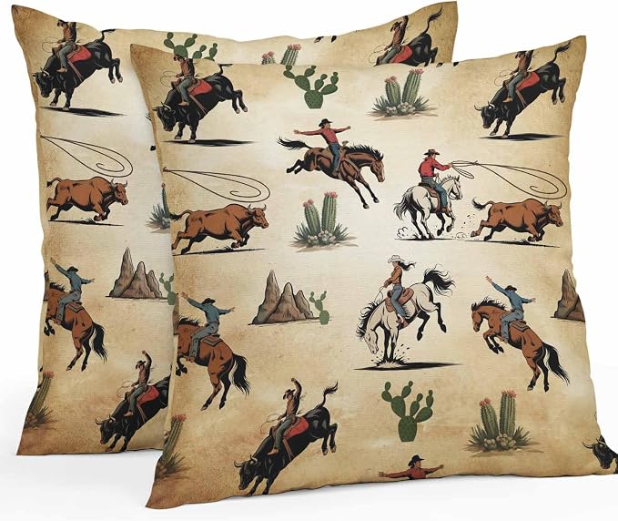 Western Cowboys Outdoor Pillow Covers Waterproof, All Weather Cushion Case Set of 2, Brown Vintage Country Cactus Decorative Pillowcases for Sofa Couch Bed Decor Patio Furniture 16"x16"