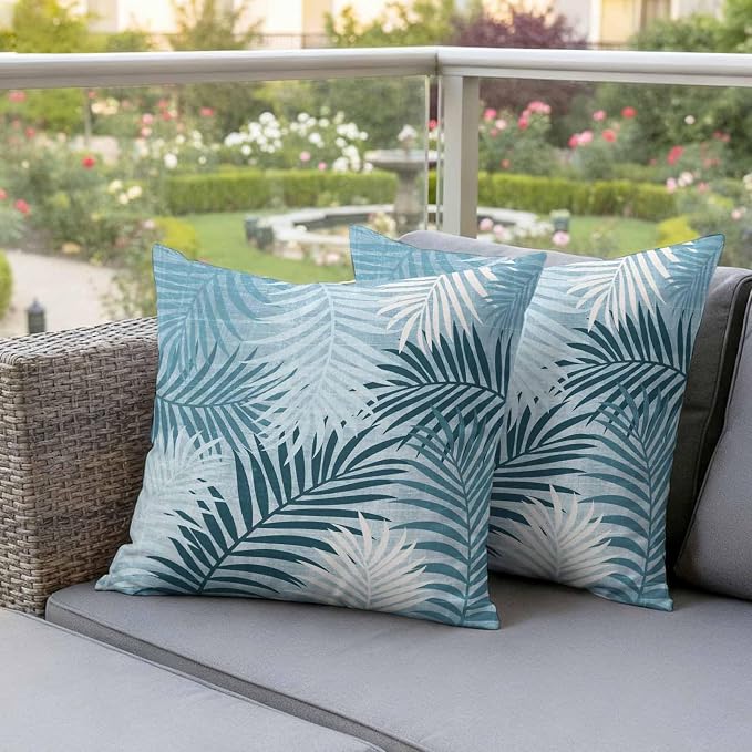 Outdoor Waterproof Throw Pillow Covers, Blue Teal Palm Leaves Decorative Pillow Cases, Summer Botanical Tropical Leaf Couch Pillow Protector Patio Sofa Cushion Covers Replacement 16"x16" 2 Pack