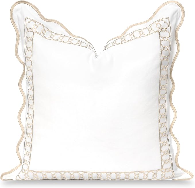 Hofdeco Premium Coastal Hampton Scalloped Patio Indoor Outdoor Throw Pillow Cover Only, 20"x20" Water Repellent for Backyard, Couch, Poolside, Neutral Tan Embroidered Begonia Pattern Chain Frame