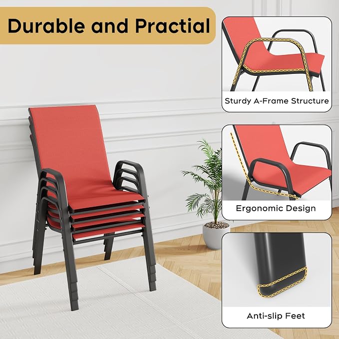 Outdoor Patio Dining Set for 4, 5 Pieces Patio Table and Chairs Set with Umbrella Hole, 37.8"x 37.8" Square Metal Wood-Grain Dining Table Set with 4 Stackable Patio Chairs for Deck , Backyard, Porch