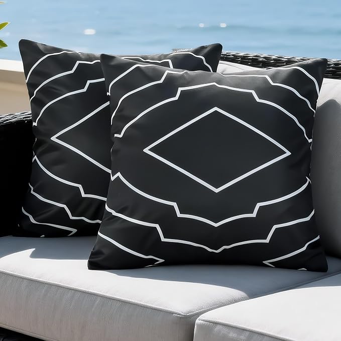 Waterproof Geometric Outdoor Pillow Covers 18x18 Inch Set of 2 | Black and White Geometric Throw Pillow Covers, Modern Decorative Cushion Cases for Patio Garden Porch Balcony Couch Sofa