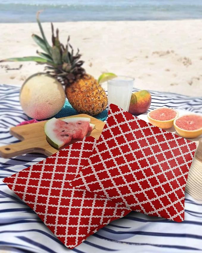 Outdoor Waterproof Pillow Covers for Patio Furniture Moroccan Pattern Decorative Throw Pillow Cover Geometric Trellis Red Pillowcases Set of 2 Cushion Case for Sofa Couch Chair Home Decor 24x24 inch