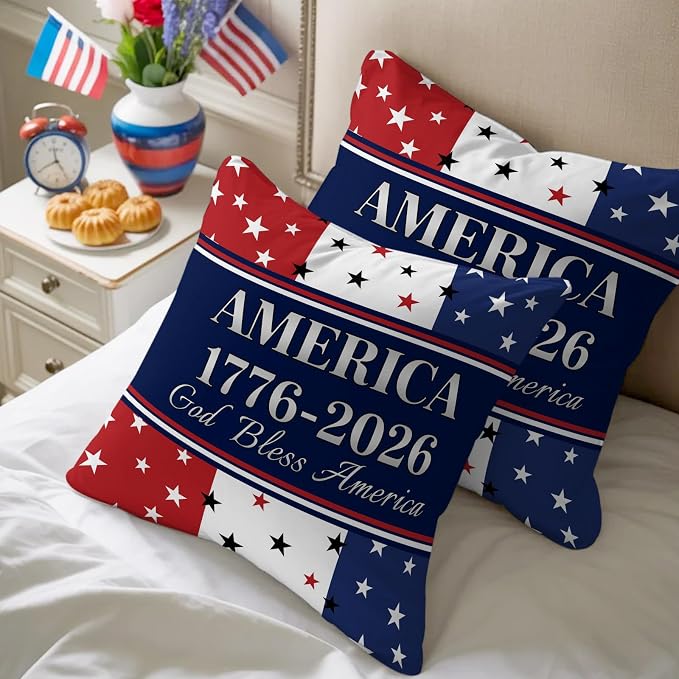 America 250th Anniversary Outdoor Pillow Covers 26"x26" Set of 2, God Bless America Patriotic Star Strip Waterproof Throw Pillow Covers for Patio Furniture, Decorative Cushion Covers for Porch