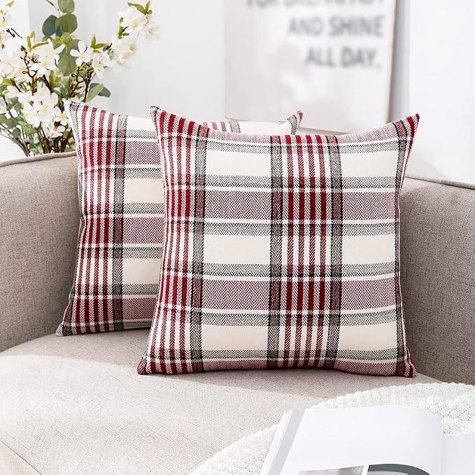 CARRIE HOME Red Tartan Christmas Plaid Pillow Covers 20x20 Set of 2 Farmhouse Buffalo Plaid Red Striped Throw Pillow Cover for Living Room Couch Sofa