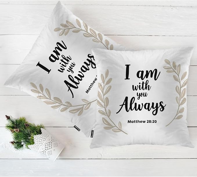 Swono Bible Quote Pillow Covers, Lettering I Am with You Always Decorative Pillow Case Home Sofa Cushion Set Bible Proverb Pillow Cushion Cases for Bed/Patio/Garden/Balcony, 2-Pack 18x18 Inch