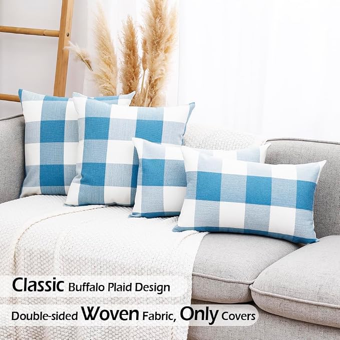CARRIE HOME Light Blue and White Buffalo Check Plaid Lumbar Pillow Covers 12x20 Set of 2, Light Blue Checkered Summer Outdoor Lumbar Pillows, Lake Blue Couch Pillows Also for Patio Furniture