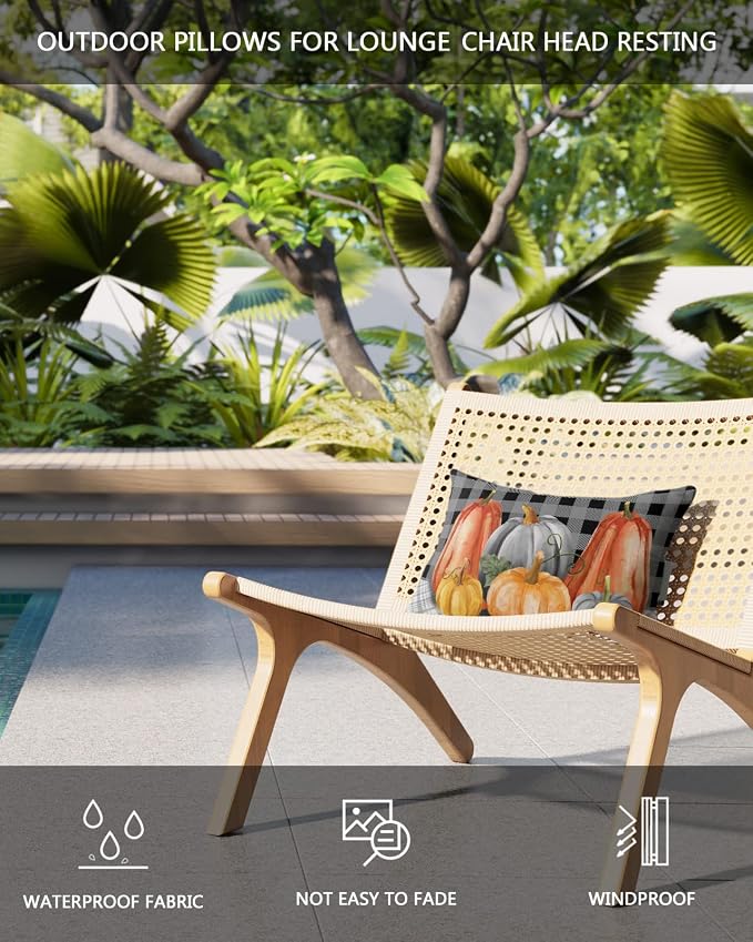 Outdoor Pillows Covers with Inserts Fall Pumpkin Black Gray Lattice Waterproof Recliner Pillow with Adjustable Strap Throw Pillows for Patio Furniture Pool Lounge Chair, 12x20 inch, 1PCS