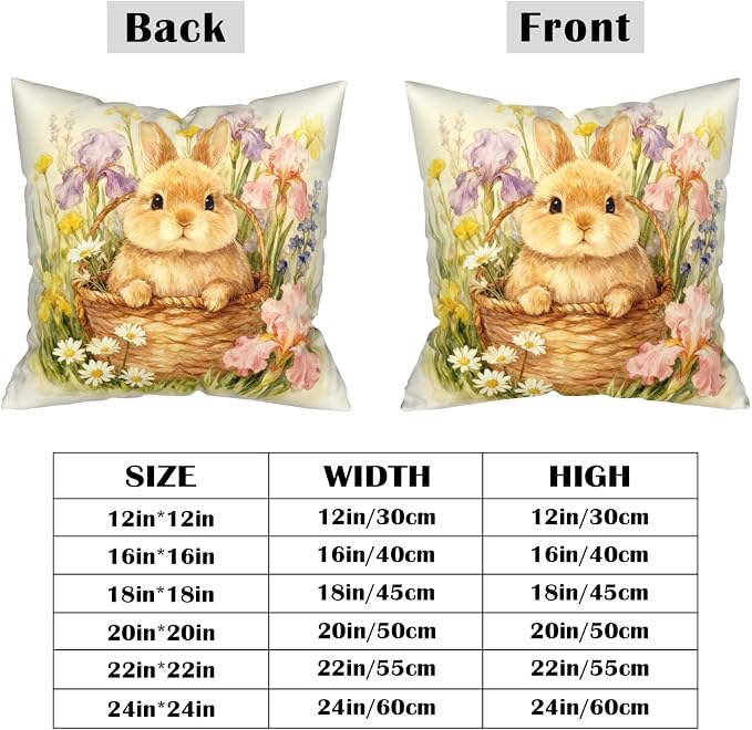 Set of 2 Spring Easter Throw Pillow Covers Watercolor Lovely Bunny Pillow Covers 24x24 Rabbit Daisy Iris Floral Pillow Cases Spring Holiday Cushion Cases for Home Sofa Decor